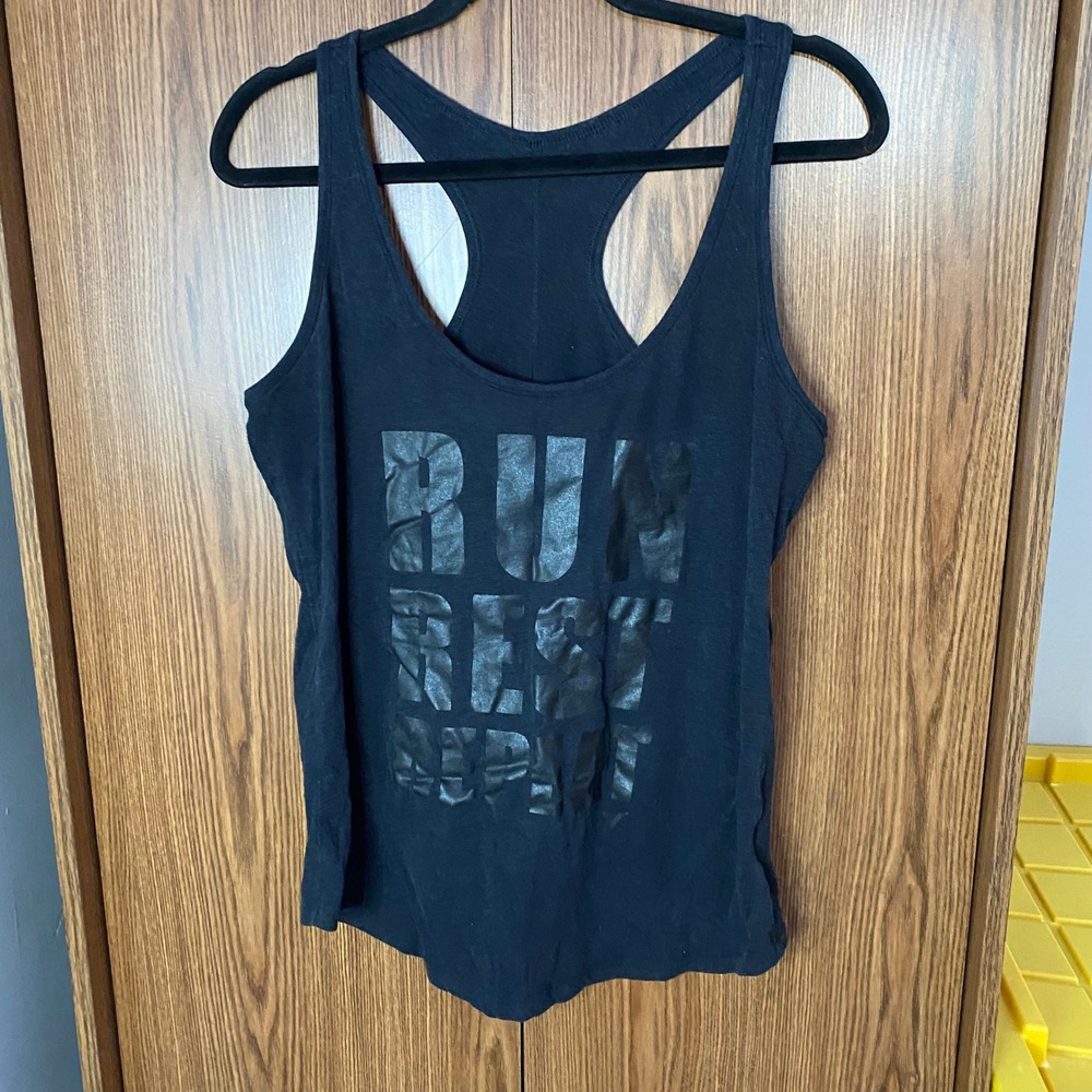 Old Navy Tank Top Women Large Black Run Rest Repeat Graphic Racerback Workout
